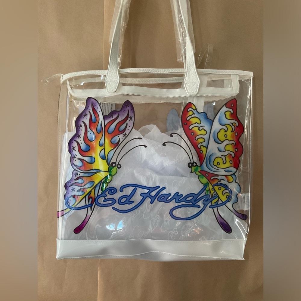 Ed Hardy White and Red Tote Bag with Vibrant Design